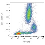 Surface staining of human peripheral blood cells with anti-CD11c PE.